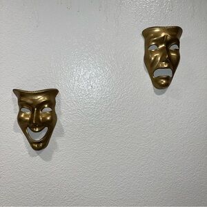 Vintage Solid Brass Comedy Tragedy Masks Wall Decor 7” X 5” approx made in India